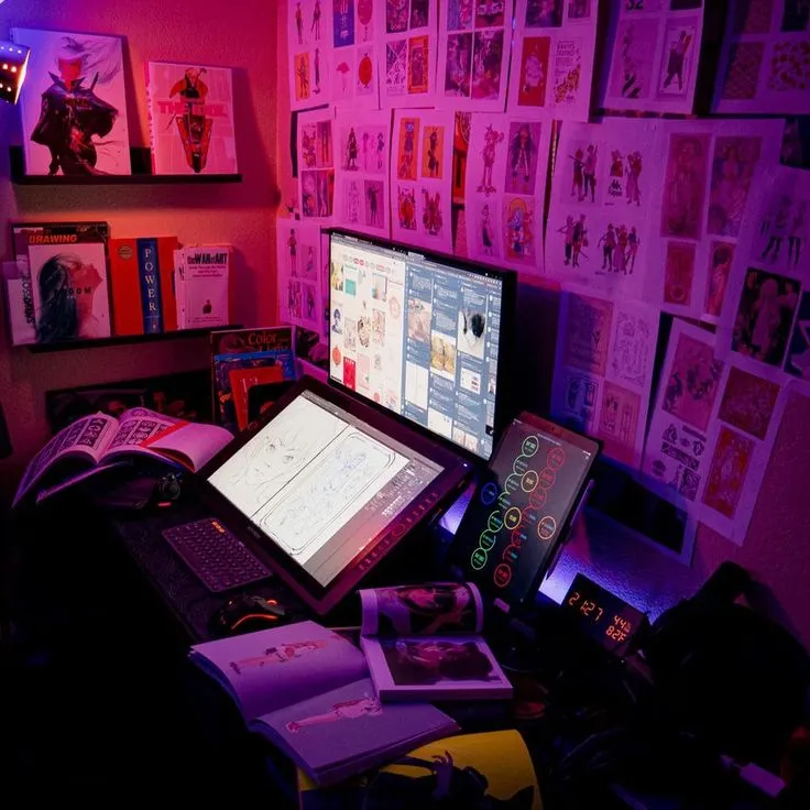 A designer's desk with a moodboard and tablet